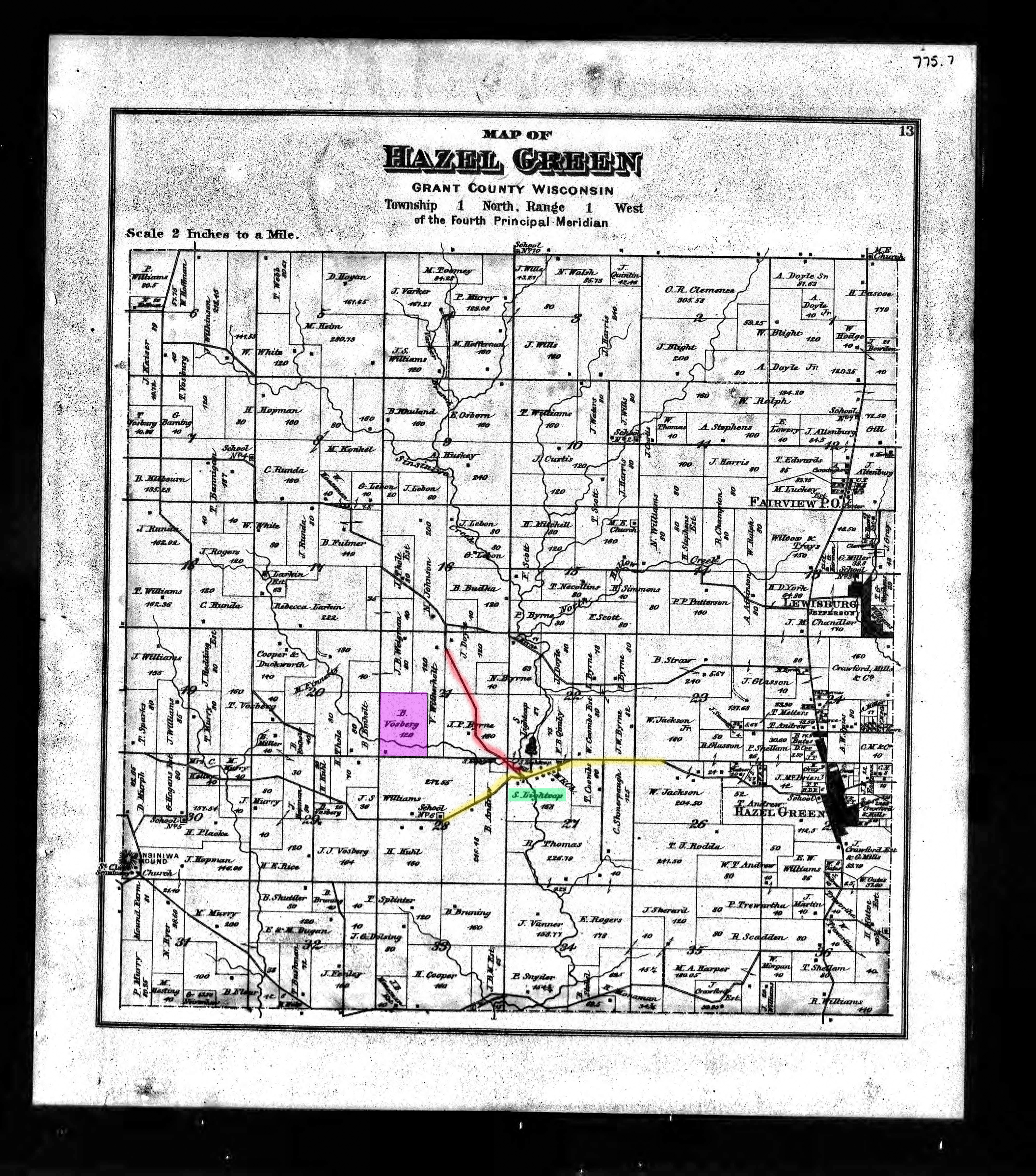 1877 map of Hazel Green Wisconsin with landmarks